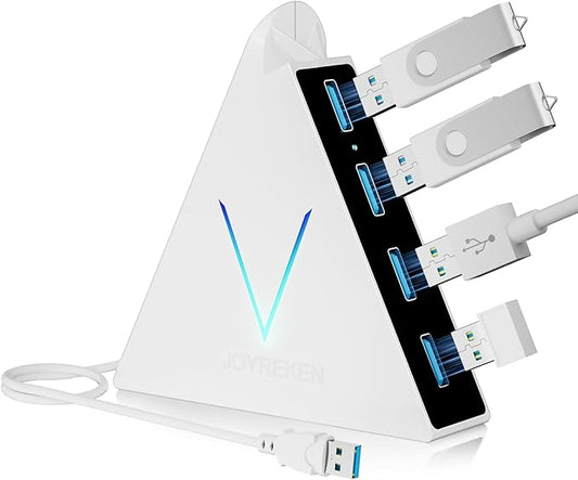 JoyReken USB 3.0 Hub,4 Port USB Hub Tower,2ft Cable USB Splitter for Laptop,PC, PS4,PS5,Xbox,Mouse,Keyboard, Flash Drive, U-Disk (White)