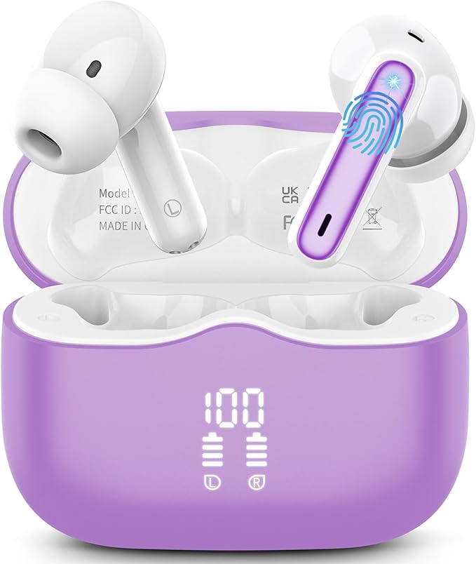 Wireless Earbuds, Bluetooth 5.4 Headphones in Ear with 4 ENC Noise Cancelling Mic, New Wireless Earphones HiFi Stereo Deep Bass 40H Playtime, in-Ear Bluetooth Earbuds LED Display IP7, USB-C, Violet