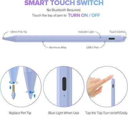 Stylus Pen for iPad 6th-11th Generation-2X Fast Charge Active Pencil Compatible with 2018-2025 Apple iPad Pro 11"/12.9"/M4, iPad Air 3/4/5/M2/M3,iPad mini 5/6 Gen-Purple