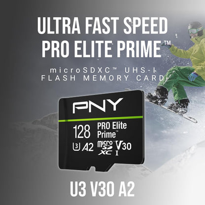 PNY 128GB PRO Elite Prime™ C10 U3 V30 A2 microSDXC Flash Memory Card – Ultra-Fast Speeds, Read 200MB/s, Write 150MB/s, 4K UHD, Full HD, UHS-I, for Smartphones, Drones, Action Cameras, 2-Pack