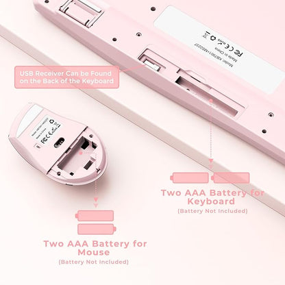 Wireless Keyboard and Mouse - Full Size Ergonomic Keyboard with Palm Wrist Rest Ergonomic Mouse Cordless for Windows Computers Laptops - Light Pink (Upgrade)