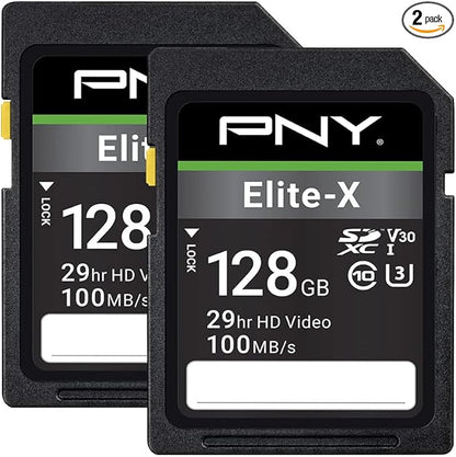 PNY 128GB Elite-X Class 10 U3 V30 SDXC Flash Memory Card - 100MB/s, Class 10, U3, V30, 4K UHD, Full HD, UHS-I, Full Size SD (Pack of 2)