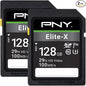 PNY 128GB Elite-X Class 10 U3 V30 SDXC Flash Memory Card - 100MB/s, Class 10, U3, V30, 4K UHD, Full HD, UHS-I, Full Size SD (Pack of 2)