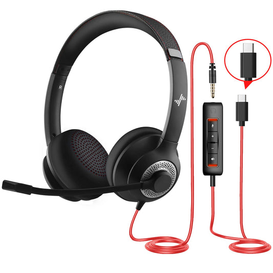 JIAMQISHI USB Headset with Microphone for PC, On-Ear Computer Laptop Headphones with Noise Cancelling Mic in-line Control for Home Office Online Class Zoom (USB+3.5mm, White)