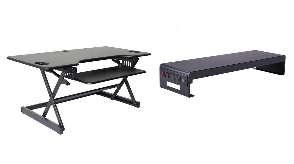 Rocelco 32" Height Adjustable Standing Desk Converter - Sit Stand Computer Workstation Riser - Dual Monitor Retractable Keyboard Tray Gas Spring Assist - Black (R EADRB2)
