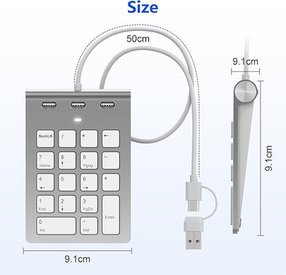 Wired USB C/A Number Pad - Numeric Keypad & Hub with 3 USB2.0 Ports - Portable Slim 18 Key Number Keypad Keyboard for Laptop PC Pad Surface MacBook, Wired Numeric Keypad with Type C & USB Cable 1.6Ft