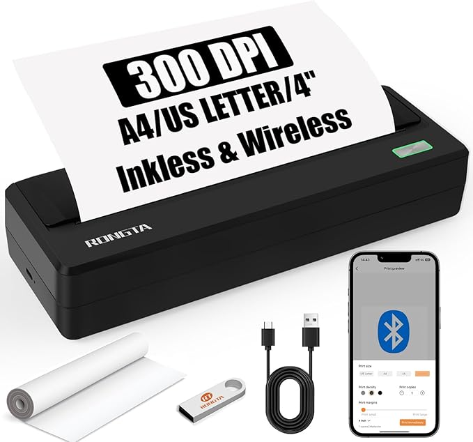 Inkless Portable Printer for Travel, Wireless Thermal Printer Support 8.5 x 11 inch A4/ US Letter, Bluetooth Compatible with Android/iOS Smartphone for Home Use (Grey)