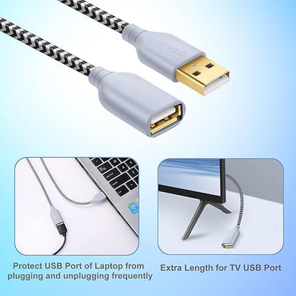 OKRAY White USB Extension Cable, 2-Pack 6FT Nylon Braided USB 2.0 Extension Cable - Type A Male to A Female Extender Cord with Gold-Plated Connector for USB Flash Drive, Keyboard, Printer, Webcam