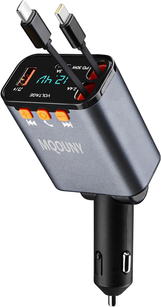 Retractable Car Charger,5 in 1 Fast Cars Phone Charger 60w,Bluetooth 5.3 FM Transmitter Adapter,Handsfree Call,MP3 Player,2 Retractable Cables and USB Chargers, for Phone,Galaxy,Pixel (Pink)