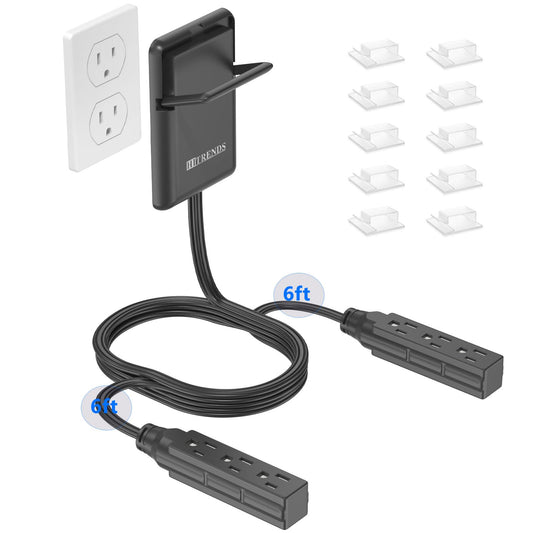 6ft Flat Plug Dual Extension Cord with 6 Outlets, Outlet Cover Extension Cord Flat Wall Plug, Pull Tab Design Outlet Extender, Flat Power Strip Outlet Concealer, Child & Pet Safe, 1875W, Black
