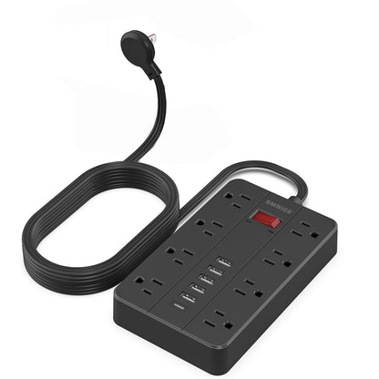 10 Ft Extension Cord Power Strip, SMNICE 8 Widely Spaced Outlets and 6 USB (1 USB C) Charging Ports Flat Plug Power Strip, Desktop Power Cord for Travel Home Office Accessories Black
