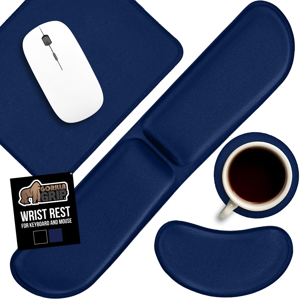 GORILLA GRIP Silky Memory Foam Keyboard Wrist Rest and Mouse Pad for Computer, Ergonomic Typing Support, Desk Office Supplies Gaming Accessories, Hand & Arm Mousepad Cushions and Coaster Set Navy Blue