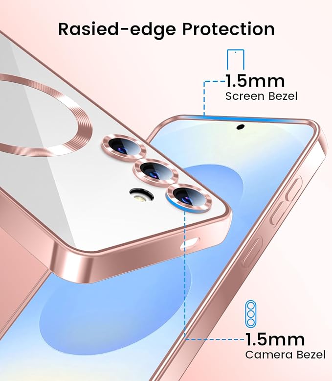 Slim Thin for Samsung Galaxy S25 Case, Compatible with MagSafe, Built-in Camera Lens Protector, Shockproof Protective Phone Case, Soft Electroplated Clear Phone Cover, Rose Gold