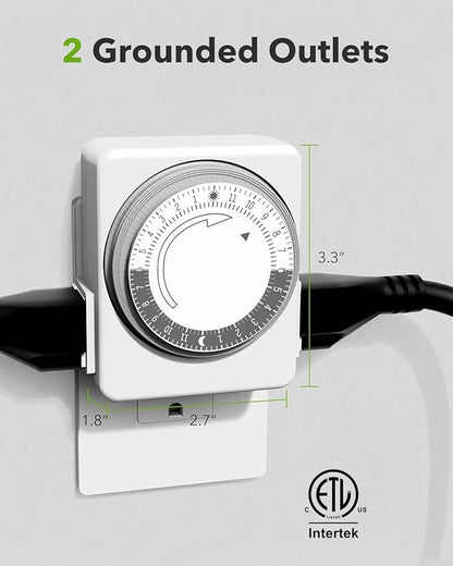 HBN Outlet Timer for Electrical Outlets Indoor, 24 Hour Mechanical Light Timers for Lamps, Dual 3-Prong Plug-in Outlets, 15-Minute Intervals, Heavy Duty Daily Cycle, 1 Pack