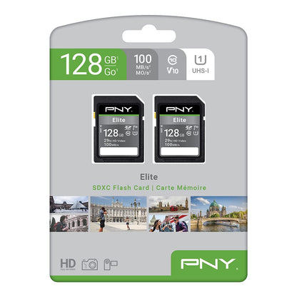 PNY 128GB Elite Class 10 U1 V10 SDXC Flash Memory Card 2-Pack - 100MB/s Read, Class 10, U1, V10, Full HD, UHS-I, Full Size SD