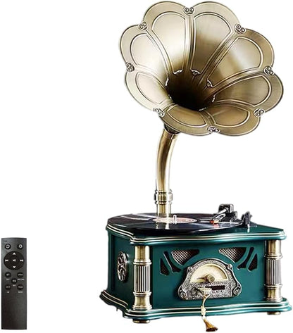 Vintage Gramophone with Bluetooth Output Vintage Record Players Retro Gramophone Turntables for 7" 9" 12" Vinyl Records 3 Speed, Hi-Fi, Handcrafted by Pure Oak (Dark Green)