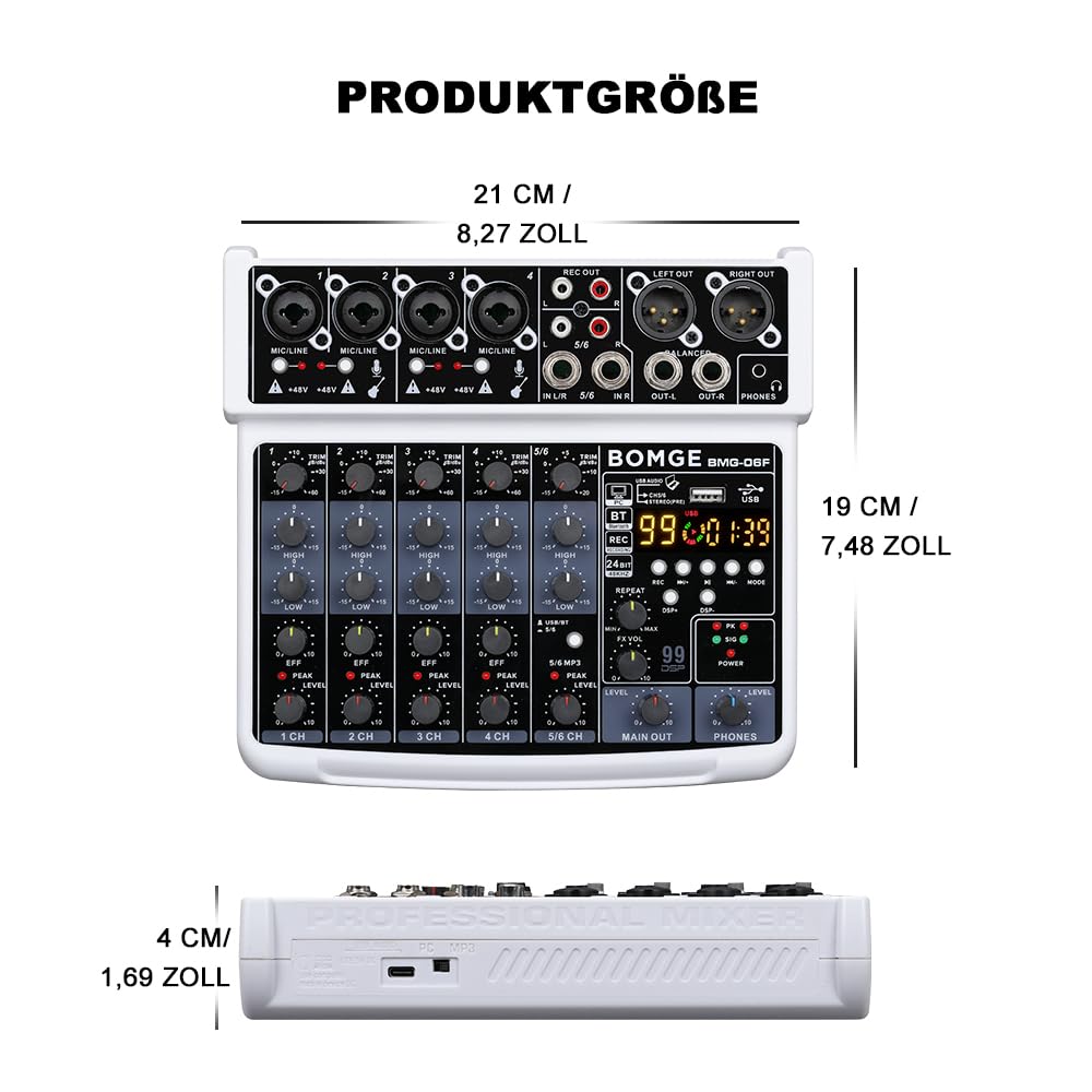 BOMGE 6 Channel mini DJ Audio sound mixer console with USB interface, Bluetooth, Stereo Recording, 48V Phantom Power, 99 DSP effects for karaoke, singing, live，streaming，pc recroding. (white)