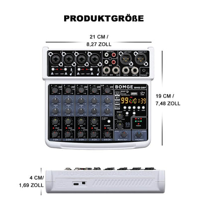BOMGE 6 Channel mini DJ Audio sound mixer console with USB interface, Bluetooth, Stereo Recording, 48V Phantom Power, 99 DSP effects for karaoke, singing, live，streaming，pc recroding. (white)