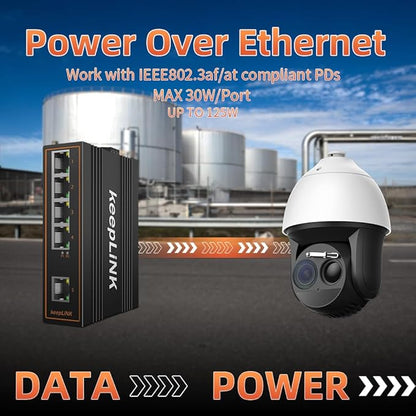 5 Port Gigabit Industrial PoE Switch Unmanaged, 125W Ethernet Din Rail Switch, IP40 Operating Temperature Range of -30° – 75°C (-22° – 167°F)