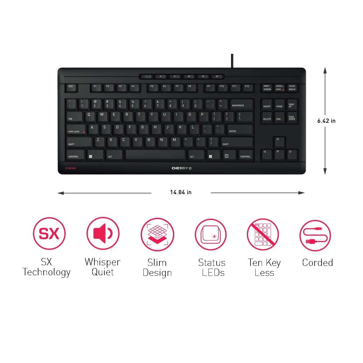 Cherry Stream Wired Keyboard Without Number Pad, Compact TKL