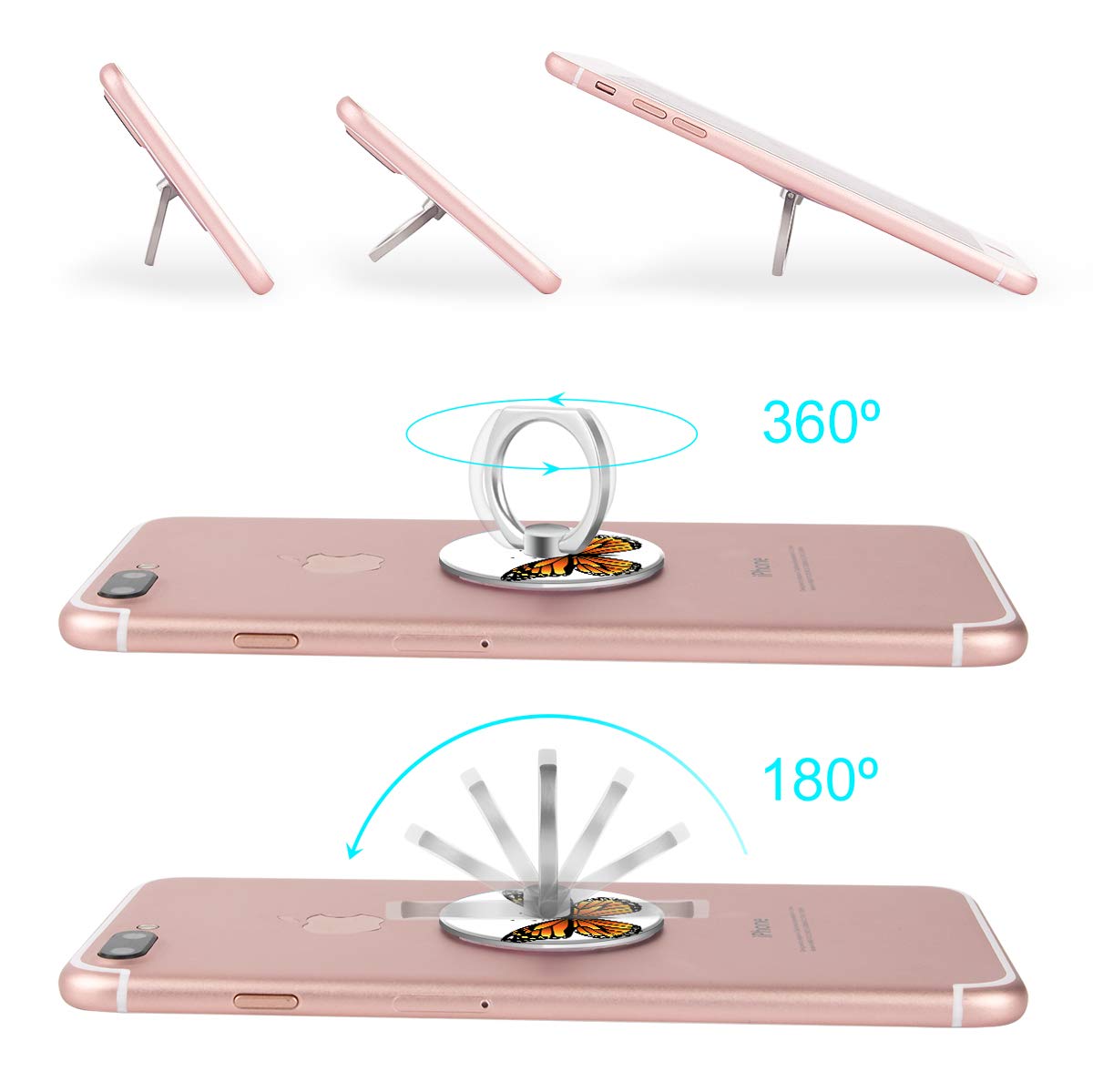 Bonoma Finger Ring Stand, 3 Pack Butterfly 360 Degree Rotation Phone Ring Stand Grip Holder Compatible with Smartphones and Tablets