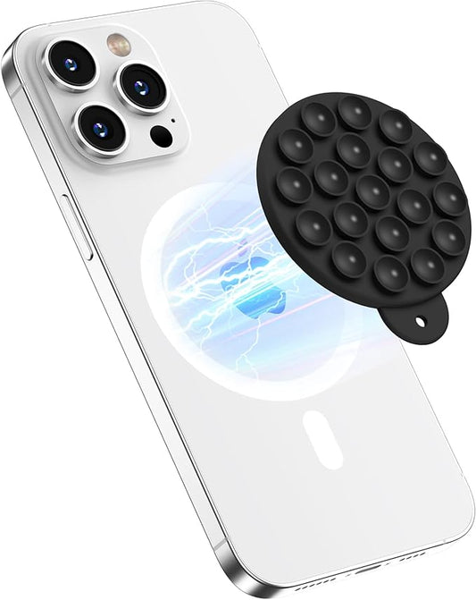 HSAOHD Magnetic Suction Cup Phone Mount with MagSafe, Silicone Hands-Free Grip Holder for iPhone Case and Android, Mirror Shower Phone Stand for Makeup FaceTime Gym Kitchen Bathroom, Black