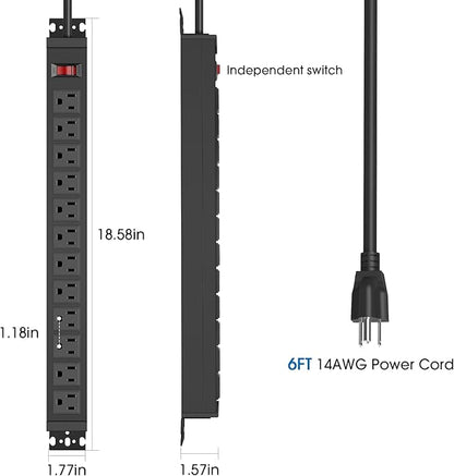 2Pack Rotating Mountable Power Strip, 12 Outlet Wall Mount Surge Protector, Metal Heavy Duty and Versatile Outlet Strip, Stylish Appearance, Sturdy and Durable, 6ft Power Cord.(Black)