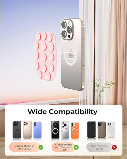 Magnetic Phone Suction Grip, Shower Phone Holder for MagSafe, Octo Phone Sticky Buddy Suction Grip for iPhone 16 15 14 13 12, Birthday Christmas for Women Pink
