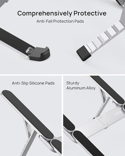 【Innovative & Ultra Compact】SODI Foldable Laptop Stand for Desk, Lightweight Portable Tablet Holder for Business Travel, Cafe, 6 Level Height Adjust Computer Holder for MacBook, Tablet 10-16", Silver