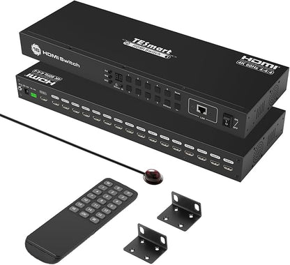 TESmart 16×1 HDMI Switch 16 in 1 Out 4K HDMI Switcher with IR Remote 4K@60hz 16 Port HDMI Switch Box HDCP 2.2,Auto Switch,19-inch Rack-Ears Mount,LAN Port Control,Auto Scan Switch