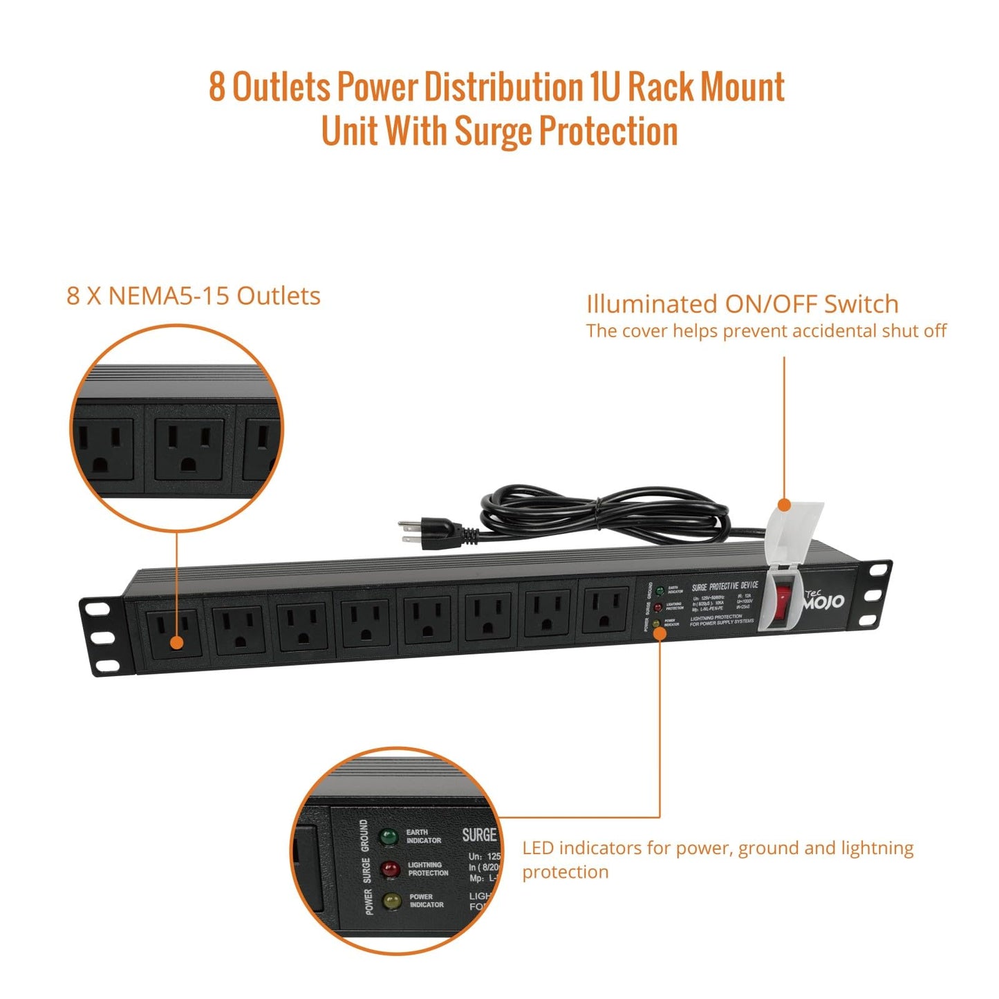 Tecmojo 1U Rack-Mount Horizontal 8-Outlet PDU, UL Listed PDU with Surge Protection LED Indicators 6ft Cord Power Distribution for IT and Network Server Racks