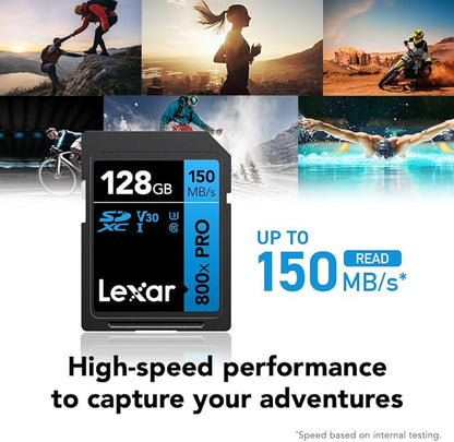 Lexar 128GB (2-Pack) High-Performance 800x PRO SD Card, UHS-I, C10, U3, V30, 4K, Up to 150MB/s Read SDXC Memory Card, for Point-and-Shoot & Mid-Range DSLR Cameras, HD Camcorders (LSD0800P128G-B2NNU)