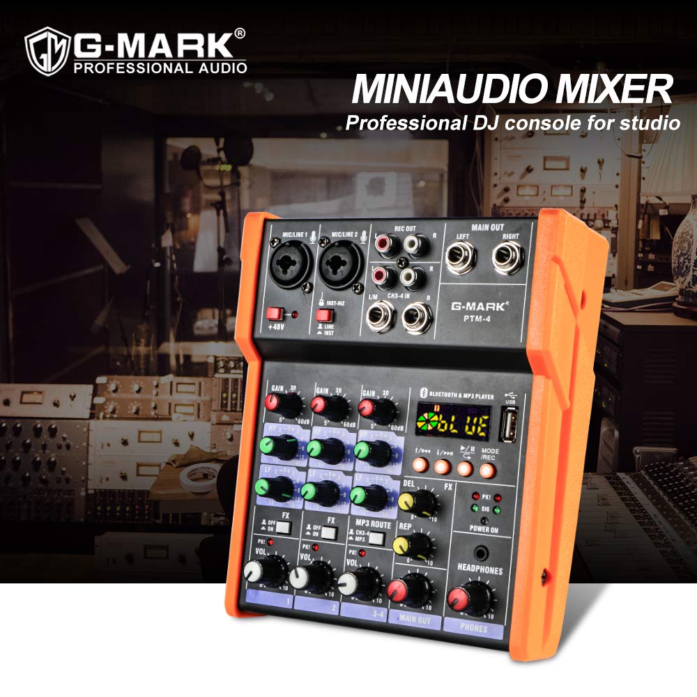 G-MARK Analog Mixer Audio 4 Channel DJ Audio Mixer Bluetooth Studio Karaoke For PC Live Performance KTV Home Stage Music Effects Sound Card Protable Mixing Console
