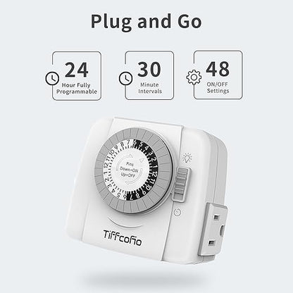 TiFFCOFiO Indoor Mechanical Light Timer, 3 Prong Plug in Outlet Timer, 2 Grounded Outlets for Indoor Lightings, ETL Listed
