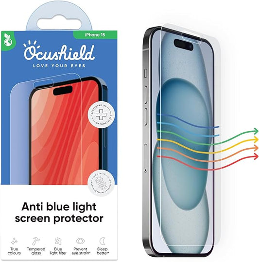 Ocushield Anti Blue Light Tempered Glass Screen Protector for iPhone 15 (6.1") – Blocks Blue Light, Prevents Eye Strain & Helps You Sleep Better, 9H Hardness & Case Friendly