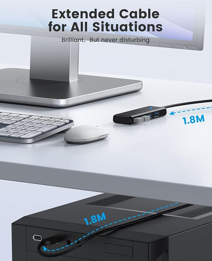 ORICO USB 3.0 Hub, 4-Port USB Hub with Long Cable, Ultra Slim USB Splitter for Laptop MacBook Pro, iMac, Surface Pro, XPS, PS5，PC, Flash Drive, Mobile HDD (Black/6ft)