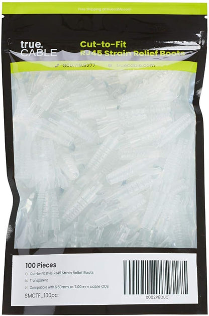 trueCABLE RJ45 Strain Relief Boots, Small 5.5 to 7.0mm Cut-to-Fit PVC Plug Cover, Transparent, 100 Pieces
