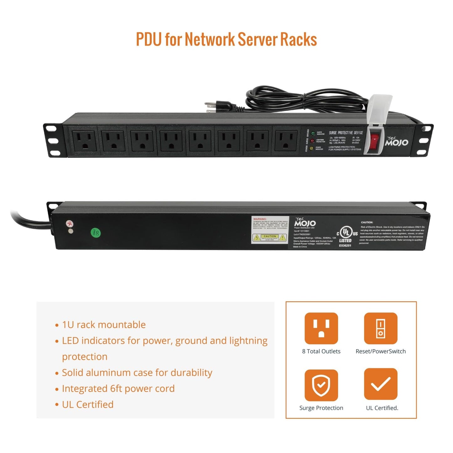 Tecmojo 1U Rack-Mount Horizontal 8-Outlet PDU, UL Listed PDU with Surge Protection LED Indicators 6ft Cord Power Distribution for IT and Network Server Racks