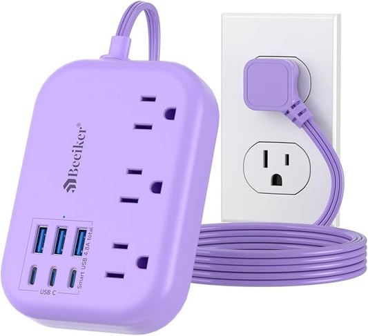 6 USB (3 USB C) Purple Travel Power Strip, 5Ft Extension Cord, 3 Outlets