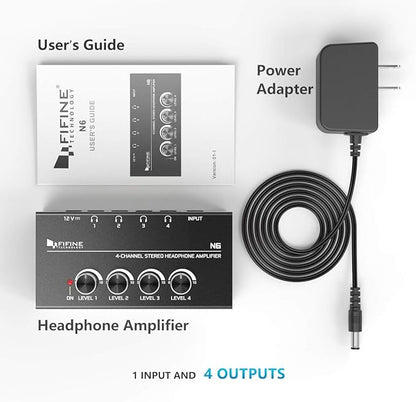 Fifine Headphone Amplifier 4 Channels Metal Stereo Audio Amplifier,Mini Earphone Splitter with Power Adapter-4x Quarter Inch Balanced TRS Headphones Output and TRS Audio Input for Sound Mixer-N6
