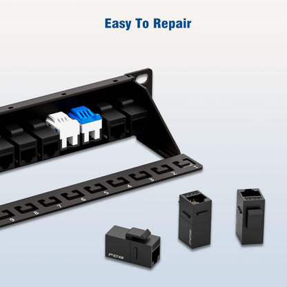 FGB 24 Port Cat6A Keystone Patch Panel, 19" Rackmount or Wall Mount, 1U with Back Bar, Network Patch Panel for Gigabit Ethernet