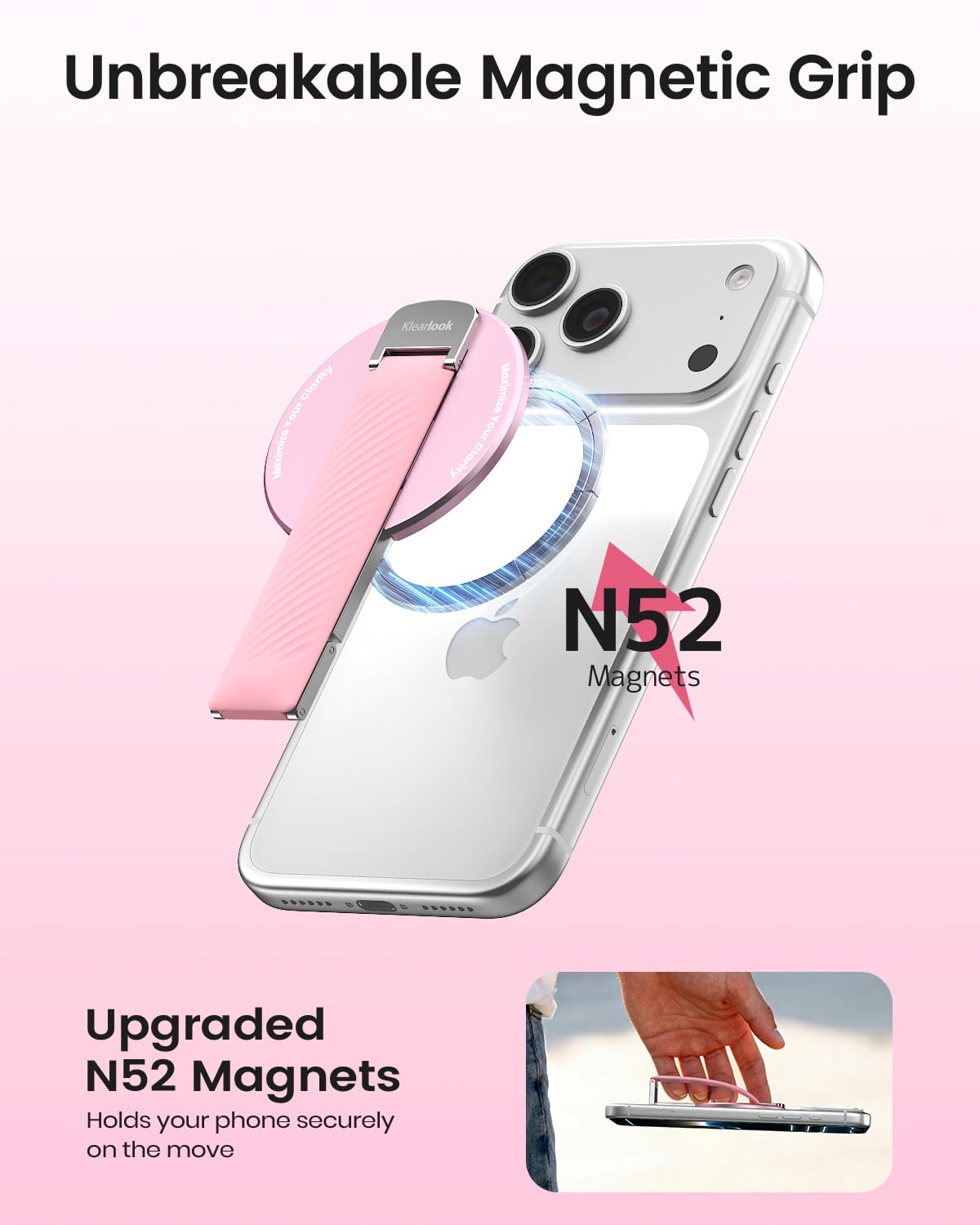 2026 Klearlook for MagSafe Phone Grip with Silicone Finger Strap, Removable Magnetic Phone Ring Holder with Adjustable Kickstand, Finger Phone Ring Grip for iPhone 17/16/15/14/13/12 Series, White