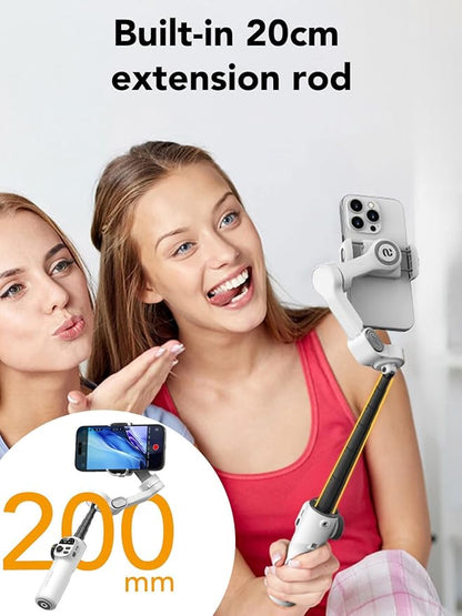Smart X2 Gimbal Stabilizer for iPhone, Built-in 20cm Extension Rod, 3-axis Handheld Smartphone Gimbal, Foldable Phone Tracking Tripod Selfie Stick w/OLED Display, Video Recording, White