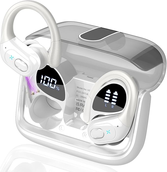 Wireless Earbuds 75hrs Bluetooth 5.4 Headphone Sport, 2025 Bluetooth Earbuds Stereo Deep Bass Over Ear Bud with Earhooks, ENC Noise Cancelling Mic, IPX7 Waterproof Earphone White