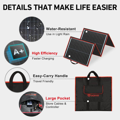 DOKIO 150W Portable Foldable Solar Panel Kit, Compact 21x20in Design 7.3lb with Standalone Controller and USB, Monocrystalline Charger for 12V Batteries, Power Stations, RV Camping Emergency Use