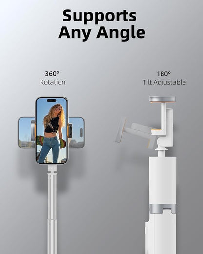 TODI 63" Phone Tripod, Extendable Selfie Stick with Wireless Remote and Phone Holder, Portable All-in-1 Cell Phone Tripod Stand for Video Recording, Compatible with iPhone/Android (White)