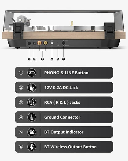 Turntable Record Player Wireless Output Carbon Fiber Tonearm Vinyl Player Aluminium Platter Belt-Drive LP Turn Tables 33 1/3&45 RPM Audio Phono RCA Line Out AT-3600L MM Cartridge Pale Walnut White