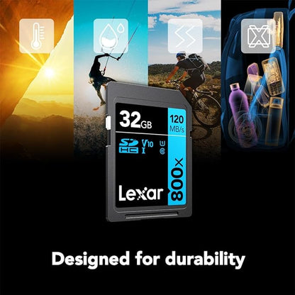 Lexar High-Performance 800x 32GB (2-Pack) SDHC UHS-I Memory Cards, C10, U1, V10, Full-HD & 4K Video, Up to 120MB/s Read, for Point-and-Shoot Cameras, Mid-Range DSLR, HD Camcorder (LSD0800032G-B2NNU)