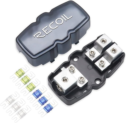 Recoil MFH12 2 Way Mini-ANL Fused Distribution Block, 1 X 0/2/4 Gauge in / 2 X 4/8 Gauge Out Fused Distribution Block with 60A, 80A, 100A Fuses, Solid Brass for Maximum Power Transfer