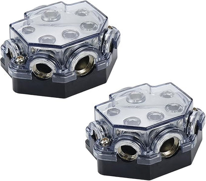 2pc Power Distribution Block Car Audio 1 in 5 Ways Out Car Audio Distributions Block 0 Gauge Input 2/4/8 Gauge Out Ground Cable Splitter Distribution Blocks for Automotive